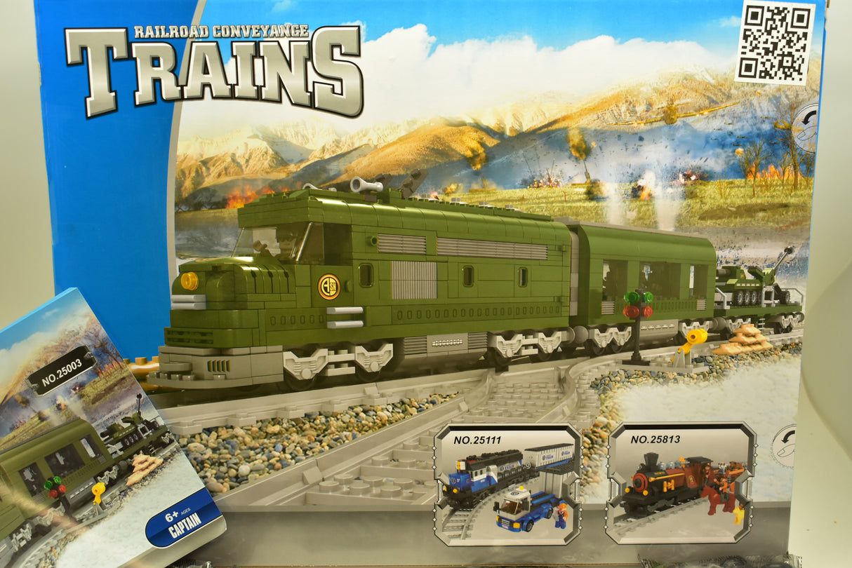 Train set box art showing green locomotive on tracks with landscape backdrop for Railroad Conveyance Trains AUS25003