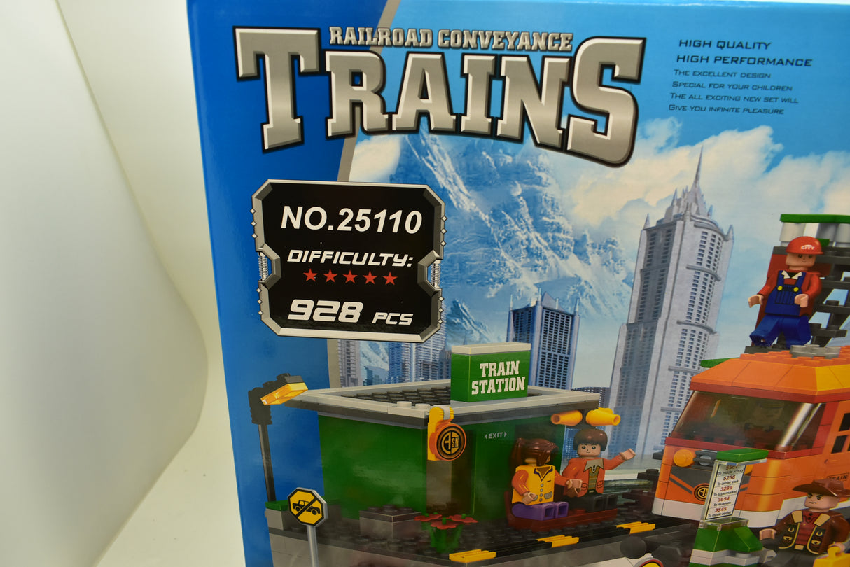 Train set box art showing a diesel locomotive and station building for Railroad Conveyance Trains AUS25110