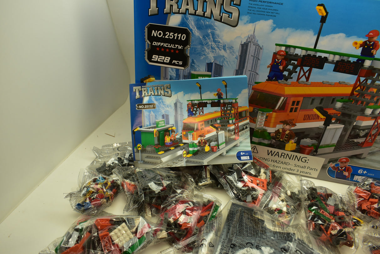 Train building set with diesel locomotive and station pieces for Railroad Conveyance Trains AUS25110
