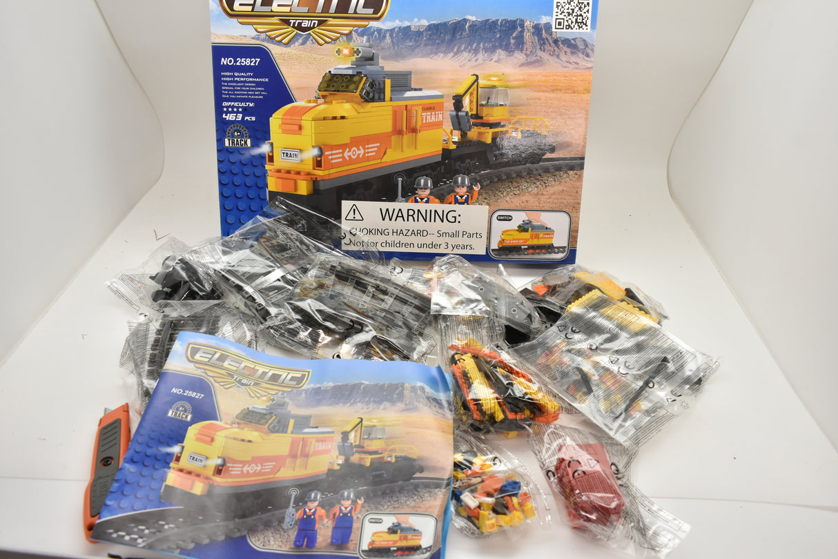 Toy train set featuring a yellow diesel switcher and flat car for Electric Train AUS25827