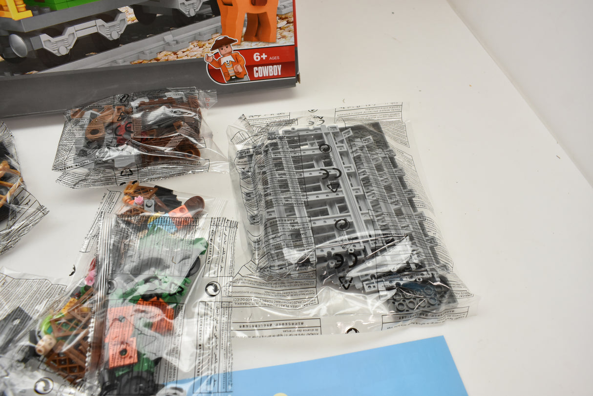 Train track and car components for building a railroad set for Railroad Conveyance Trains AUS25606