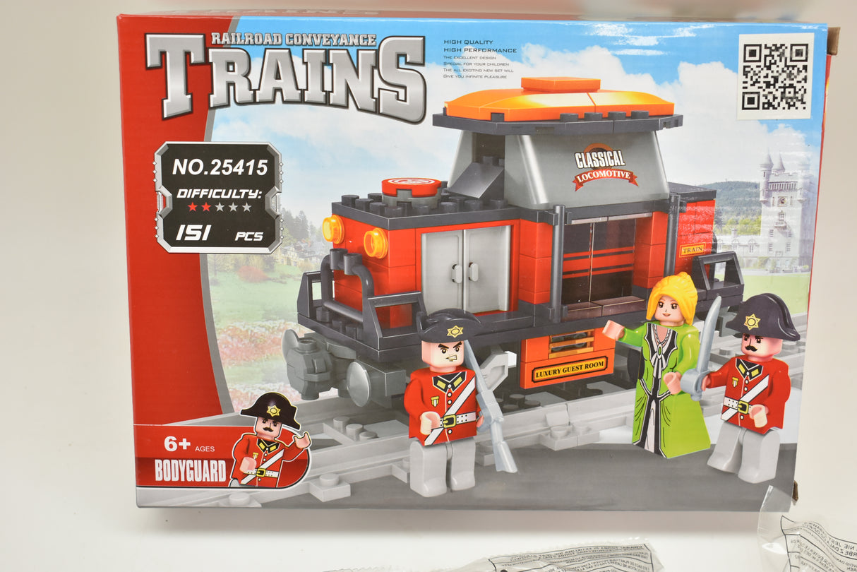 Toy train set with figures: a locomotive, guards, and a station for Railroad Conveyance Trains AUS25415
