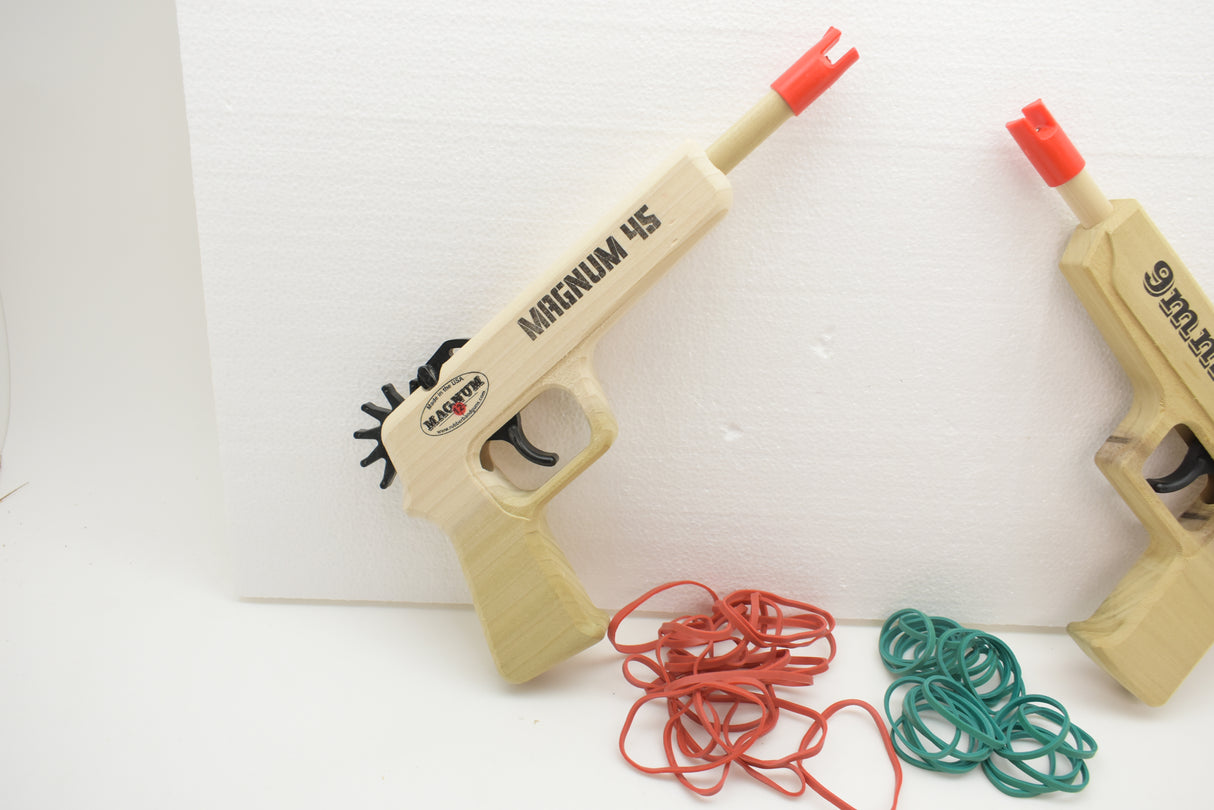 Toy guns (Magnum 45, 9mm) with red and green string for a cops and robbers set for zzexpiredMagnum Enterprises GL29MM-GL2M45