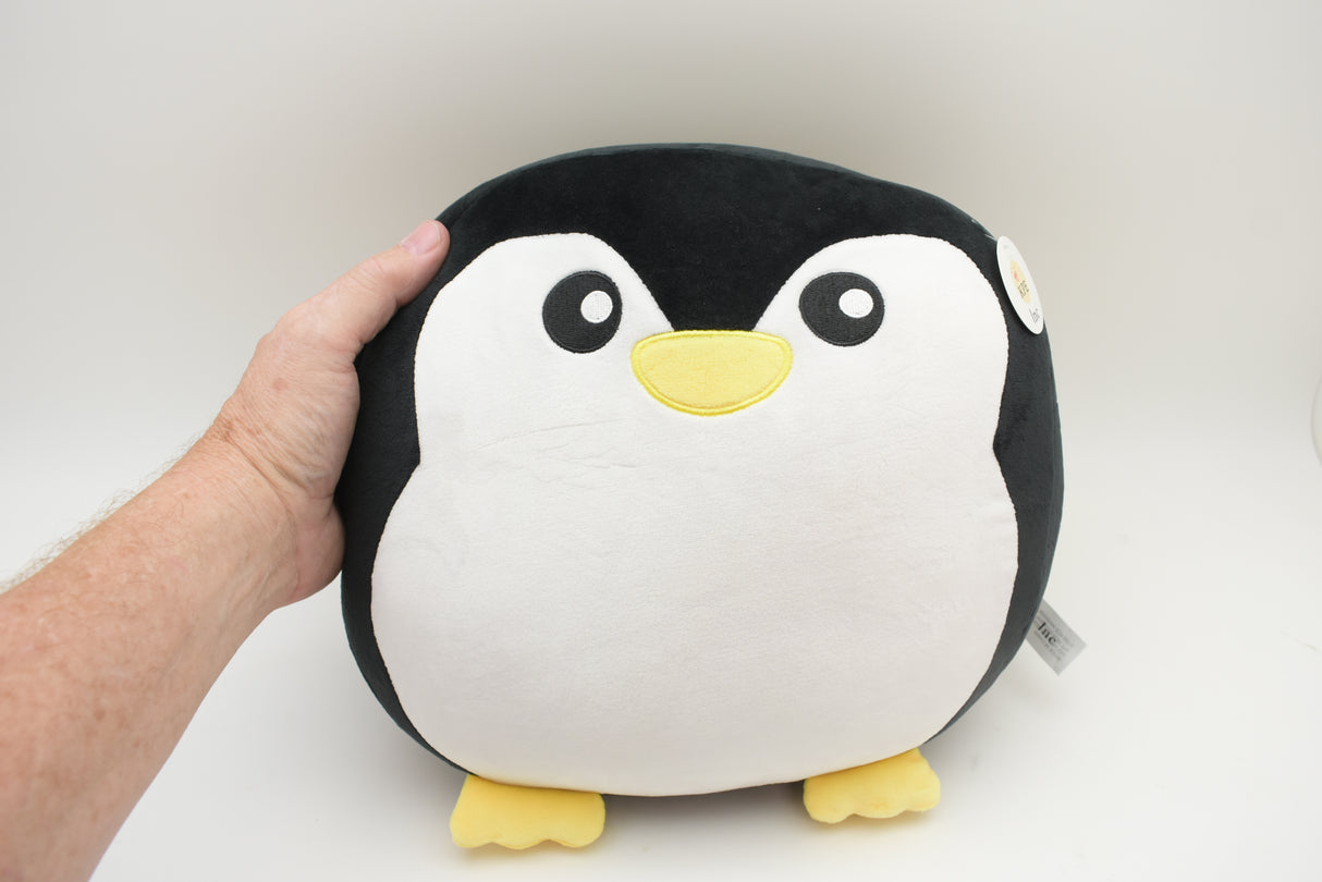 Plush toy penguin with black and white body and yellow beak for Poptoy 5204P, rear view