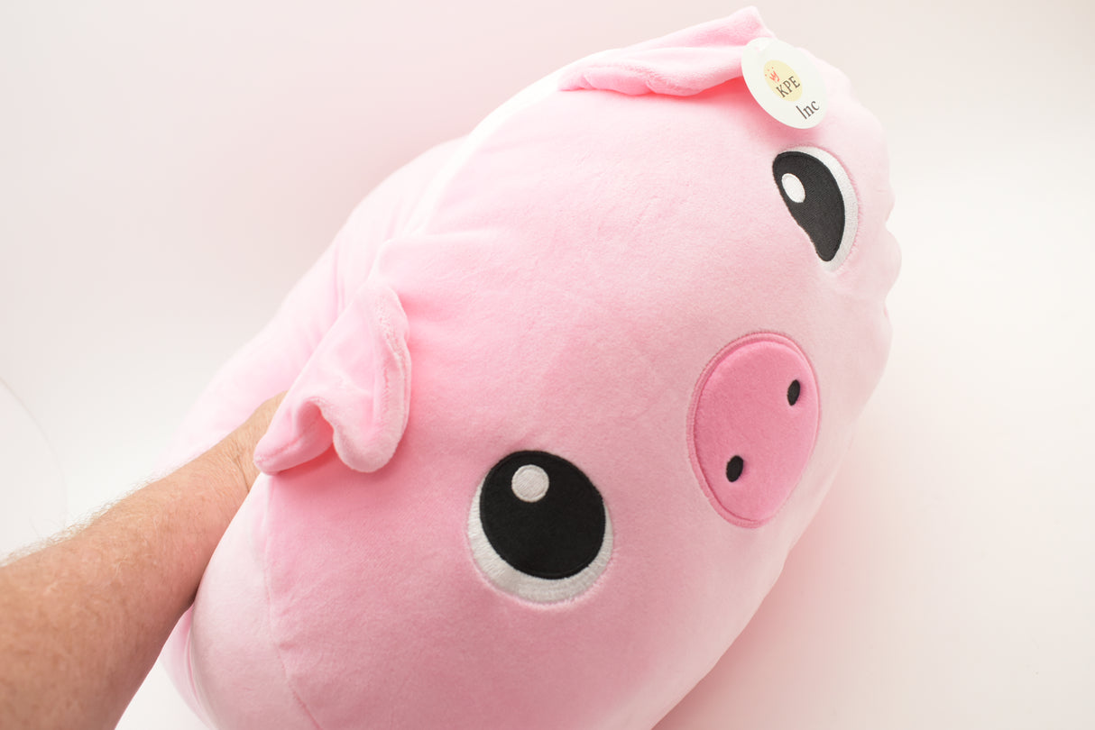 Soft pink stuffed pig toy with embroidered eyes and snout for Poptoy 5181, rear view