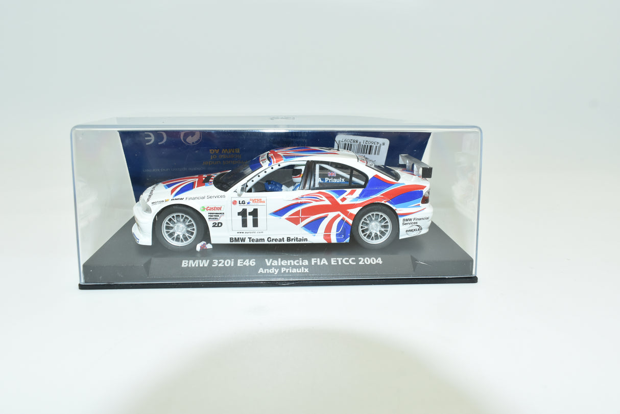 Slot car of a 2004 BMW 320i E46 race car for Fly Car 88209, rear view
