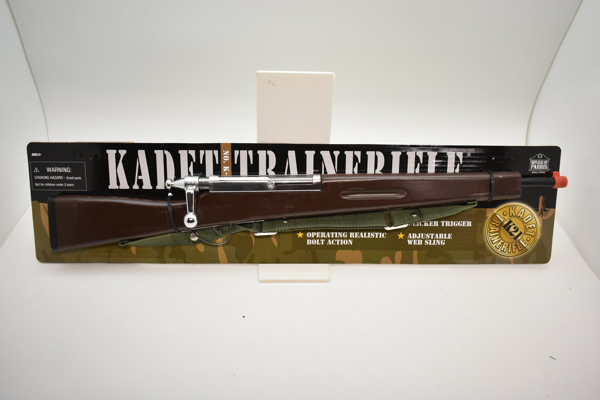 Toy rifle with brown stock and camouflage wrap, labeled "Kadet Trainer." for Parris Toys K-21B