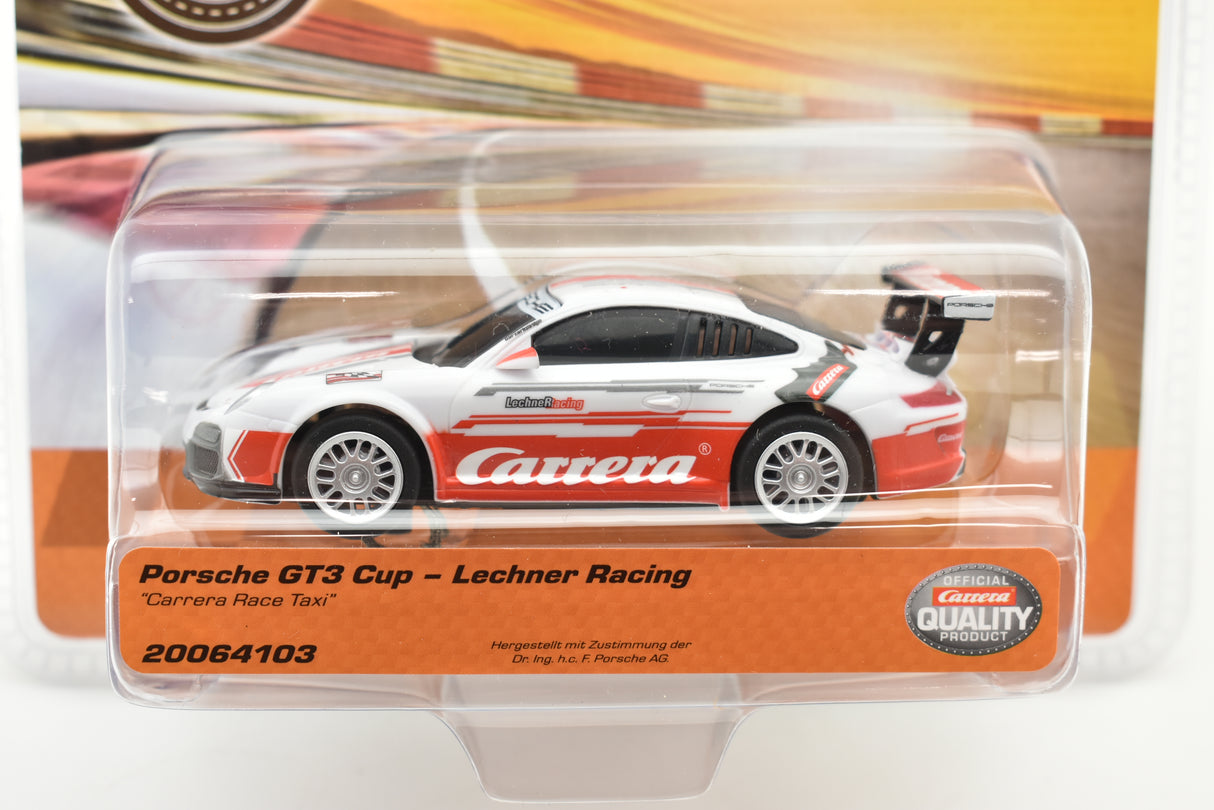 White Porsche GT3 model car in a clear plastic display case for Carrera Go 20064103