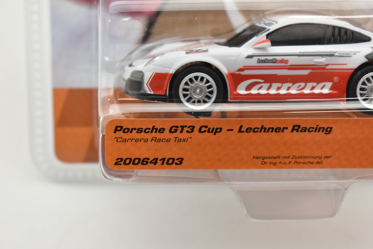 Porsche GT3 Lechner Racing model car, white and red, displayed in packaging for Carrera Go 20064103