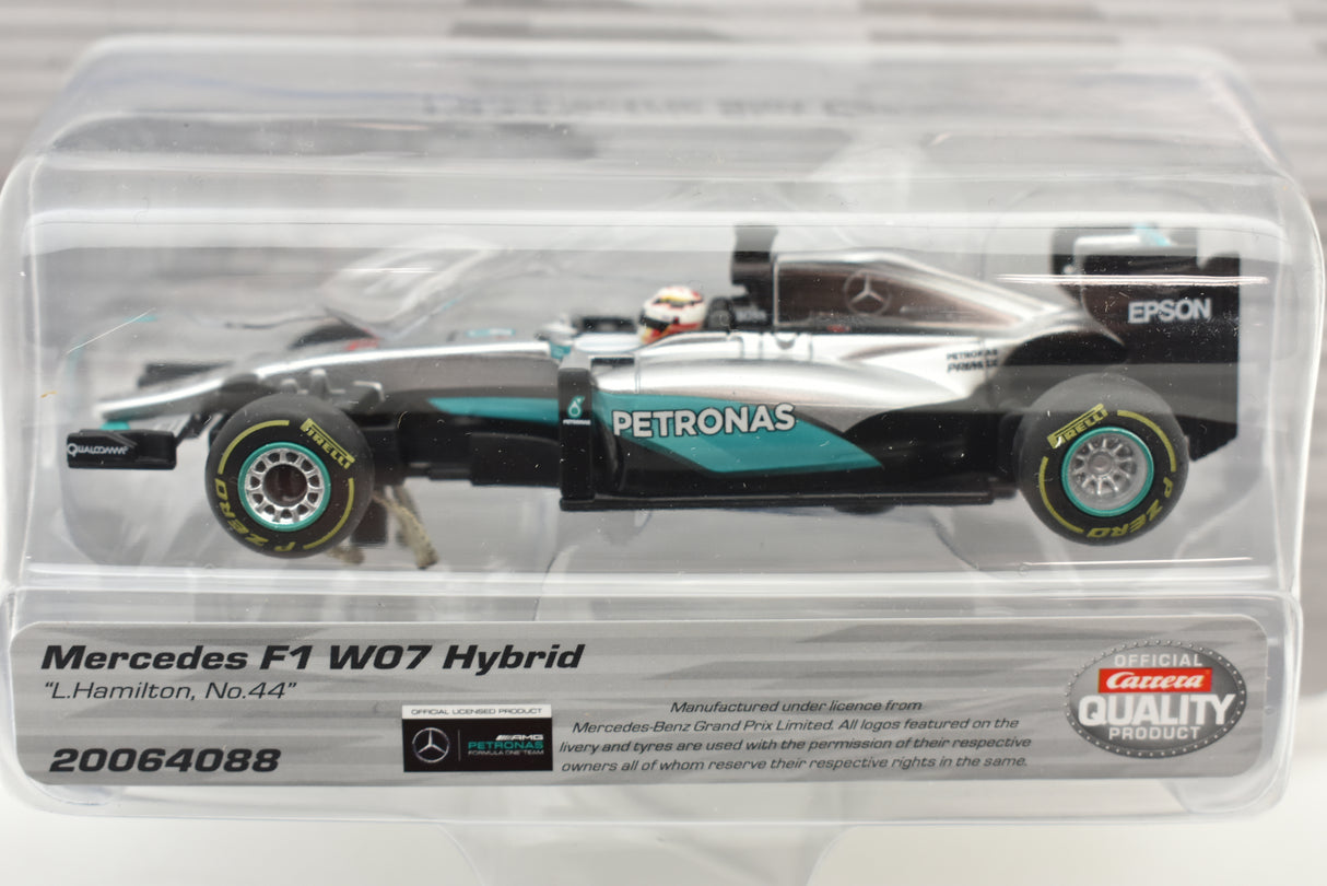 Mercedes F1 W07 Hybrid race car model in clear plastic case for Carrera Go 20064088