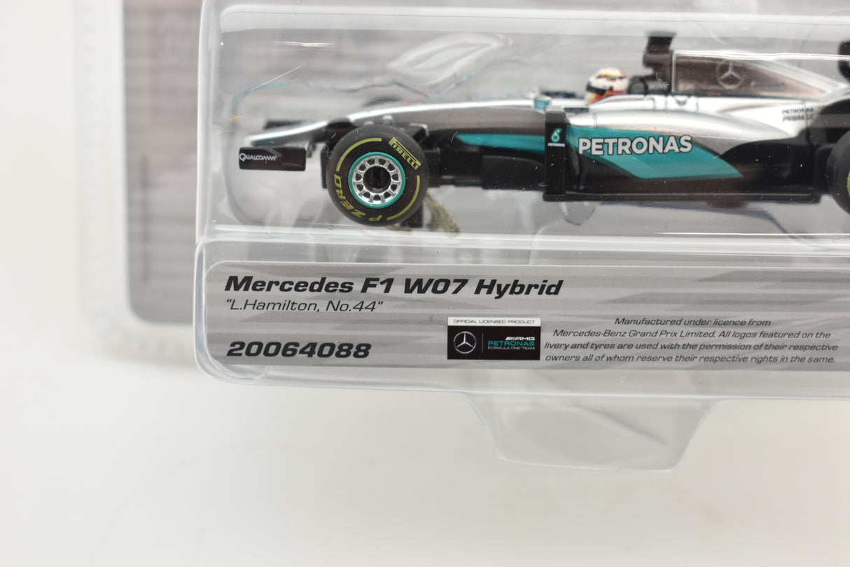 Mercedes F1 W07 Hybrid race car model in clear plastic packaging for Carrera Go 20064088