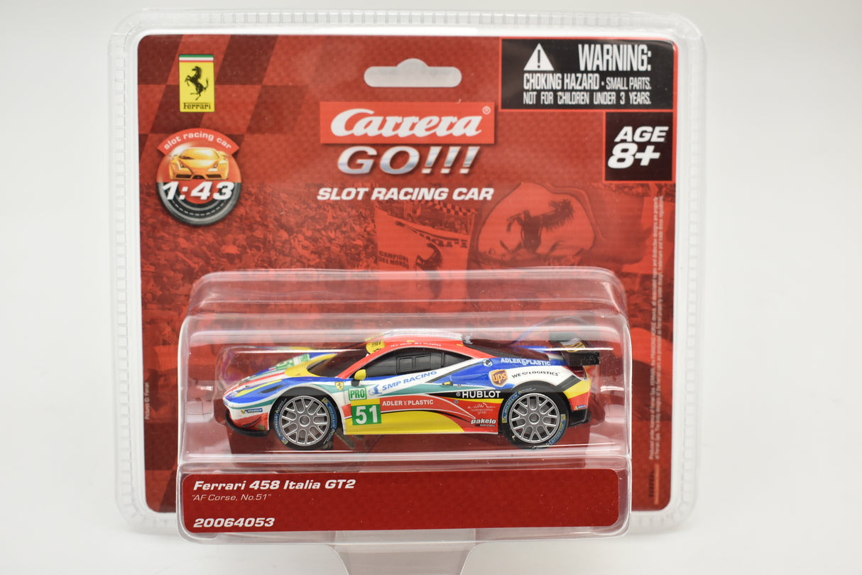 Slot car of a red and yellow Ferrari 458 Italia GT2 race car for Carrera Go 20064053