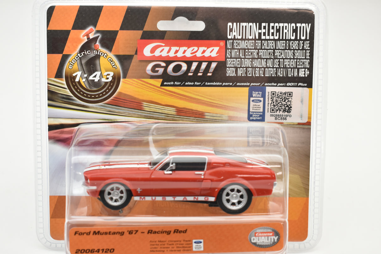 Red slot car of a 1967 Ford Mustang sports car for Carrera Go 20064120, front view