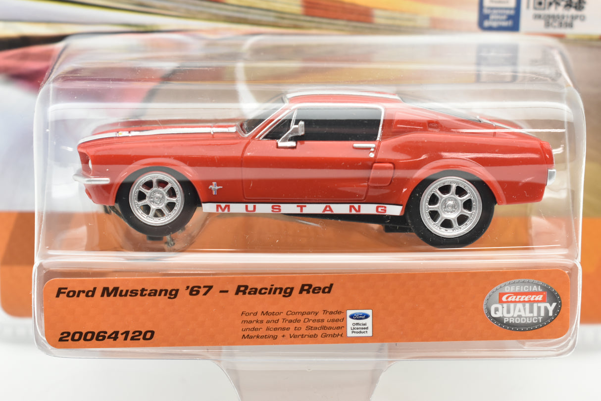 Red slot car of a 1967 Ford Mustang sports car for Carrera Go 20064120, rear view