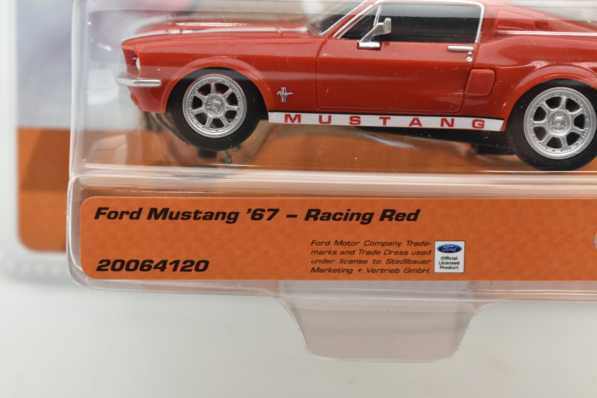 Red slot car of a 1967 Ford Mustang sports car for Carrera Go 20064120, side view