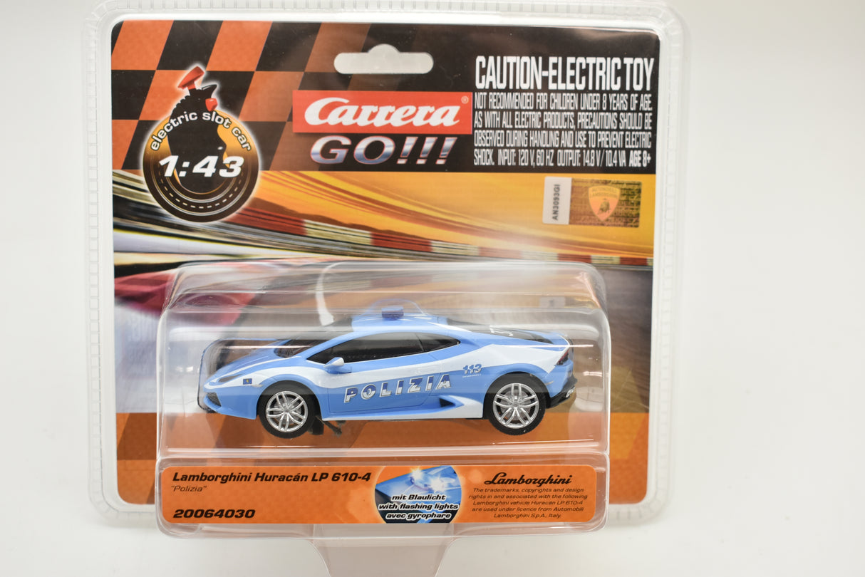 Blue Lamborghini Huracan toy car in clear plastic packaging for Carrera Go 20064030