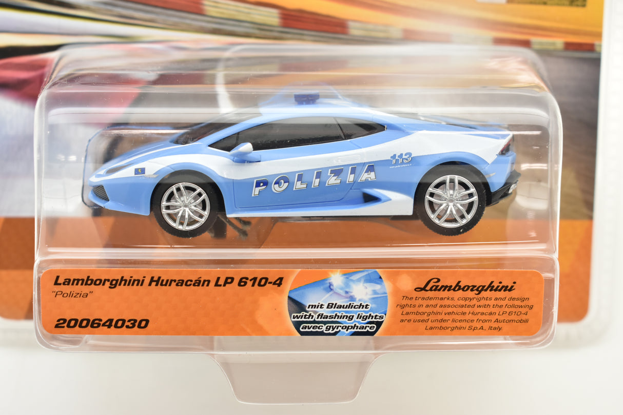 Blue Lamborghini Huracán toy car with "POLIZIA" markings in clear case for Carrera Go 20064030