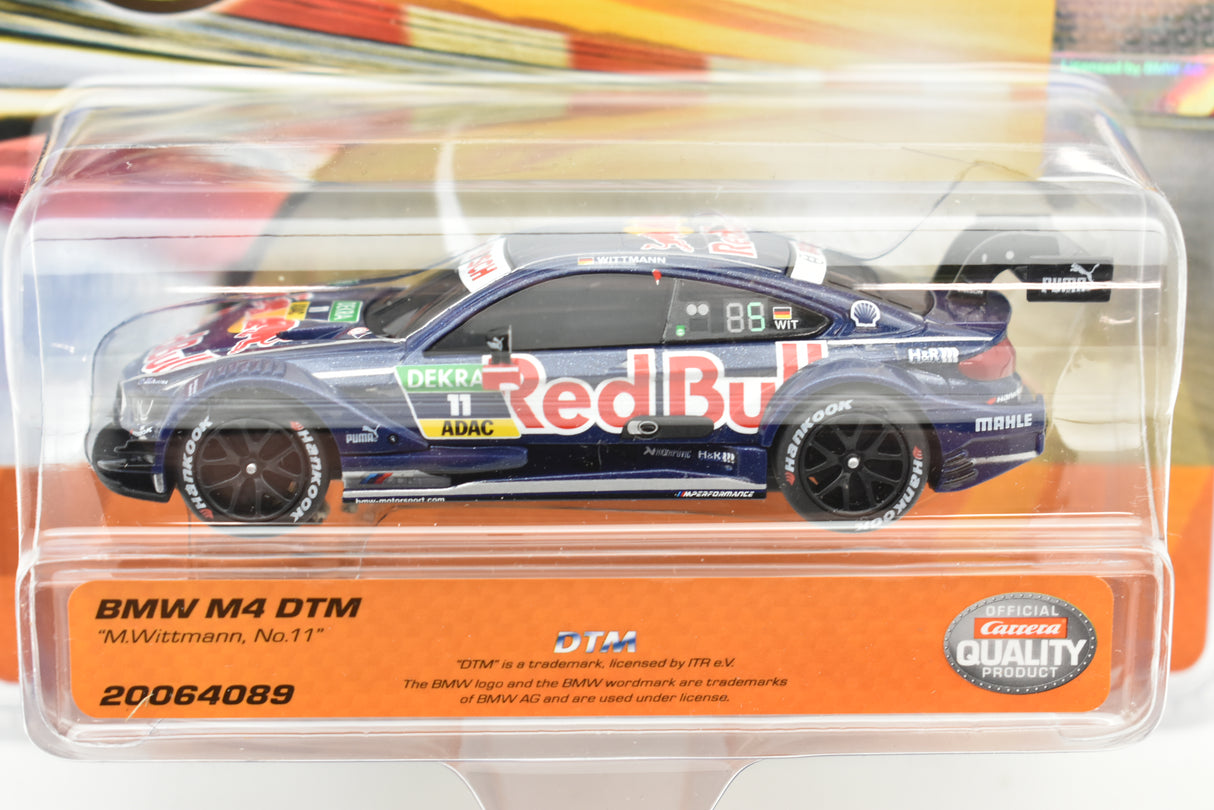 Blue and red BMW M4 DTM race car model in clear plastic packaging for Carrera Go 20064089