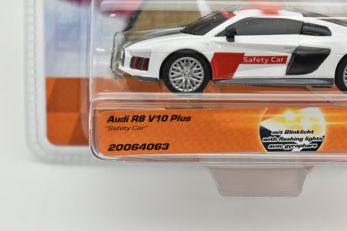 White Audi R8 V10 Plus safety car model in clear plastic packaging for Carrera Go
