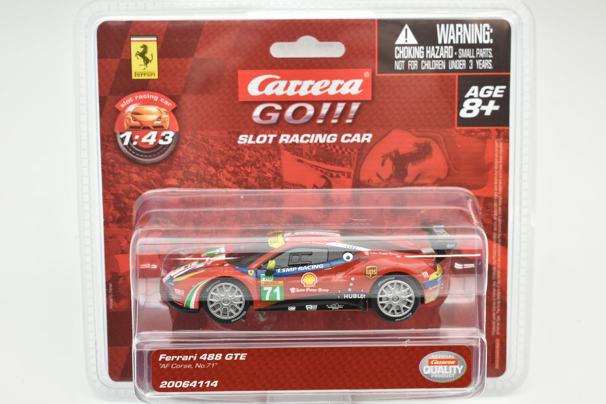 Red Ferrari 488 GTE slot car in clear plastic packaging for Carrera Go 20064114