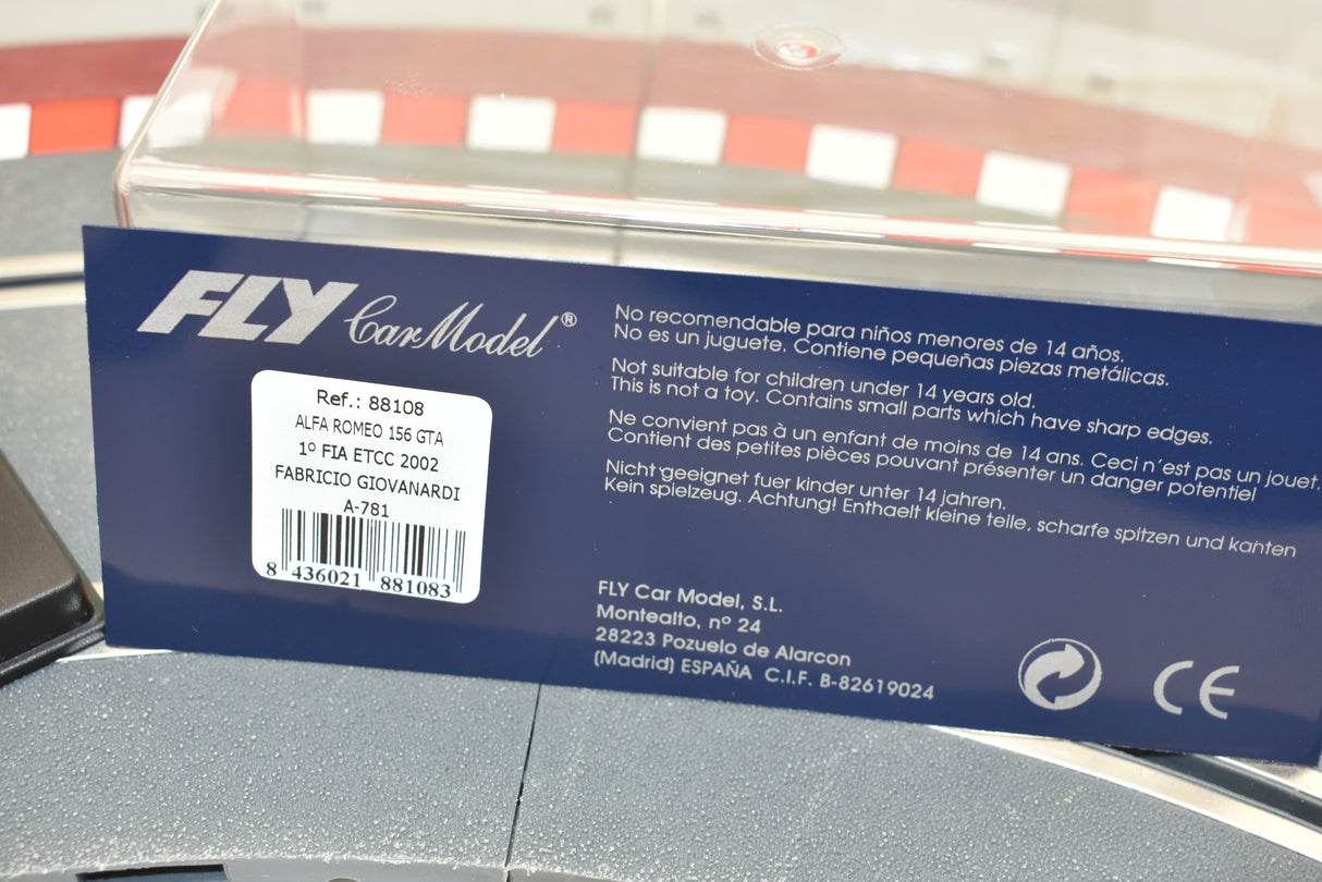 Model car box showing Alfa Romeo 156 GTA details and safety warnings for Fly Car 88108