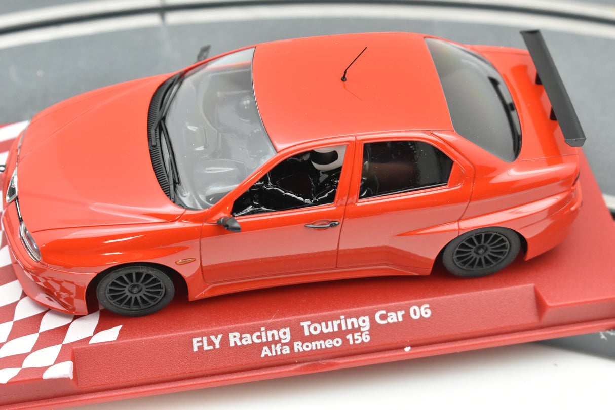 Red slot car, Alfa Romeo 156, on a checkered base for Fly Car 88243