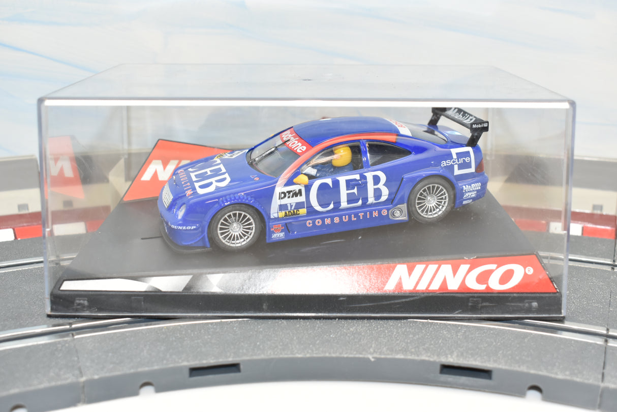 Blue Mercedes CLK DTM race car in clear display case for Ninco 50287