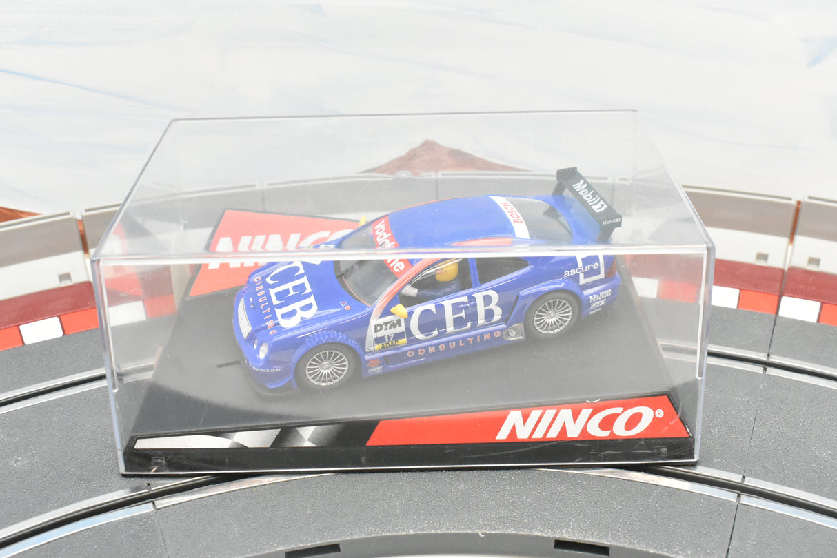 Blue Mercedes CLK DTM race car model on a track base for Ninco 50287