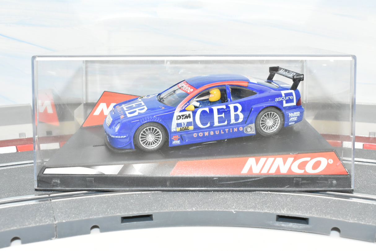 Blue Mercedes CLK DTM race car model in clear display case for Ninco 50287