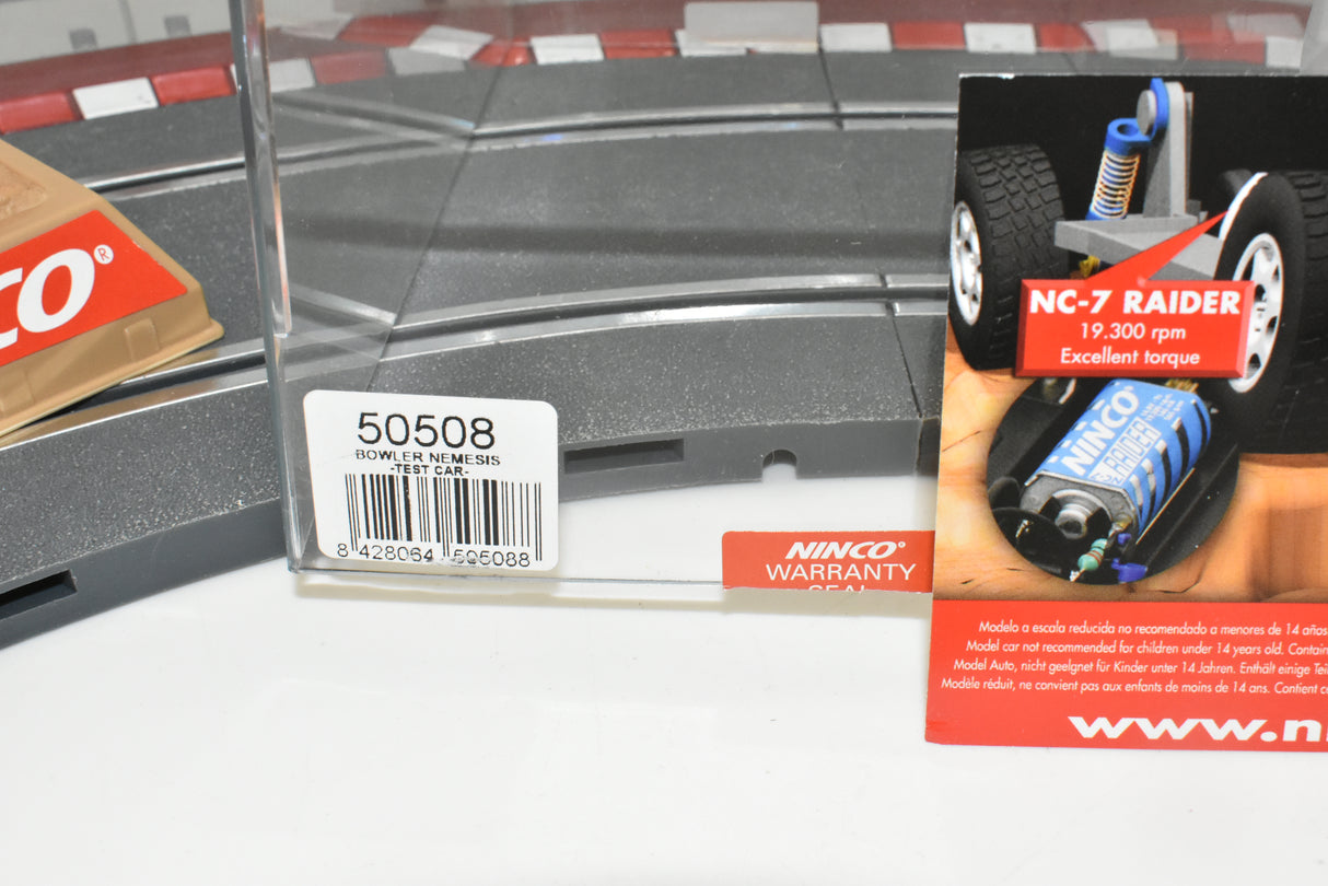 Ninco Bowler Nemesis test car box and NC-7 Raider product packaging for 50508