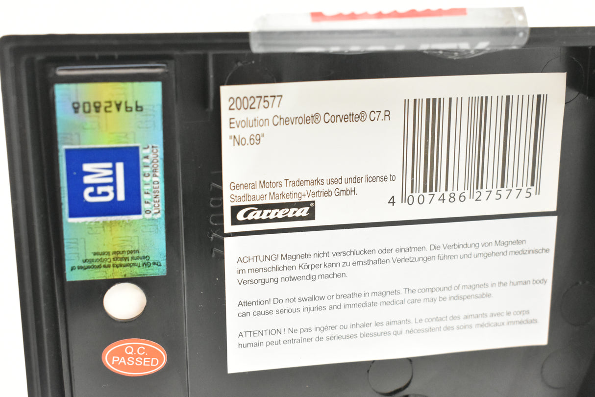 Corvette C7.R "No.69" model information and warning label for Carrera 27577