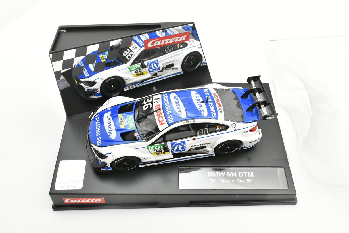 Slot car of a BMW M4 DTM race car, number 36 for Carrera Evolution 27571, front view