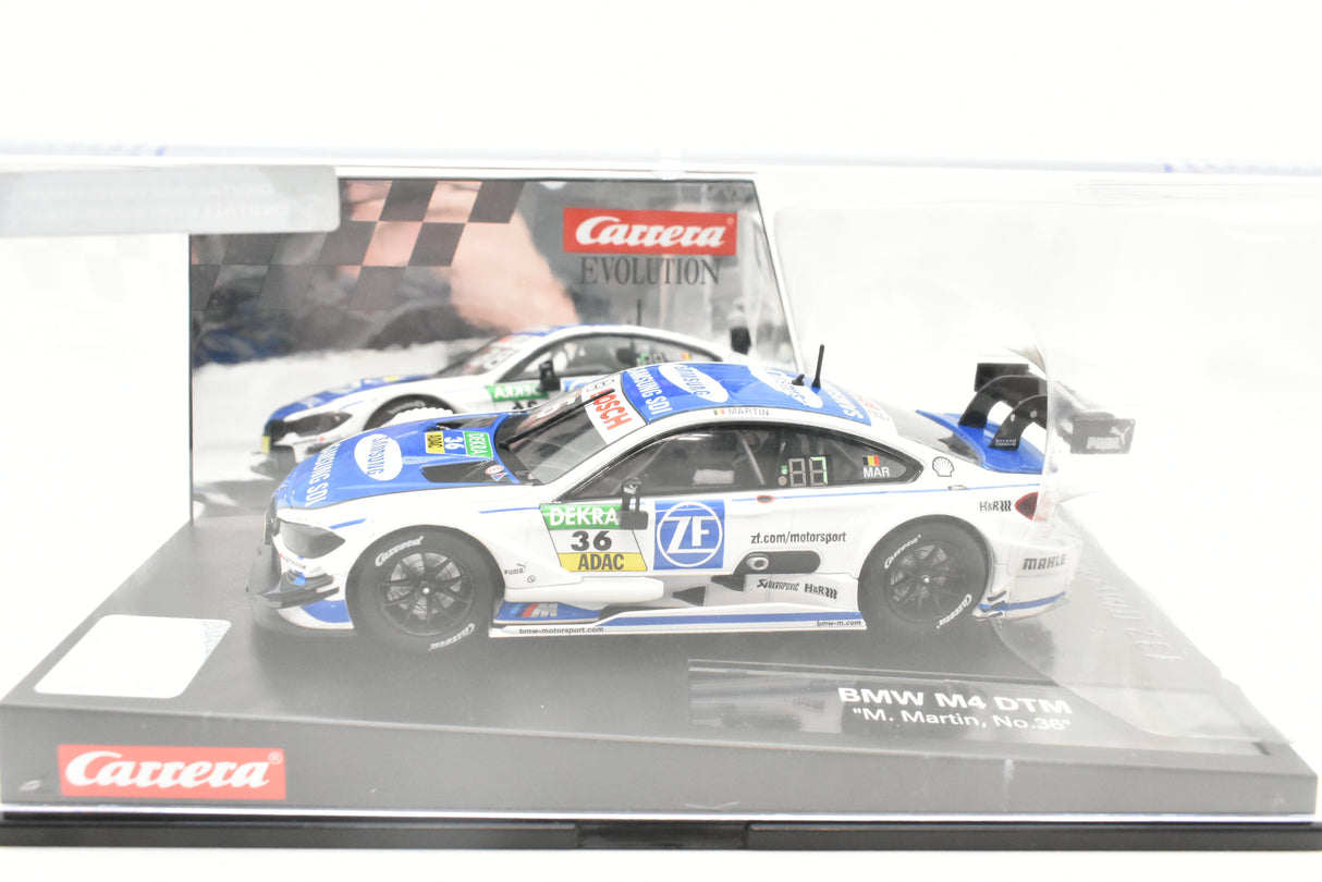 Slot car of a BMW M4 DTM race car, number 36 for Carrera Evolution 27571, rear view