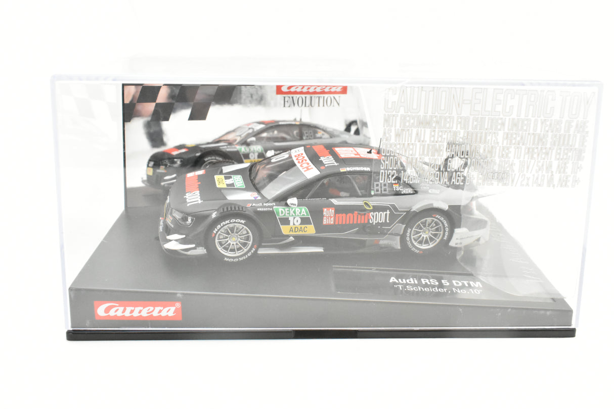 Slot car of an Audi RS 5 DTM race car, T. Scheider, No. 10 for Carrera 27542, rear view