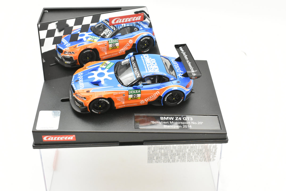 Slot car of a 2014 BMW Z4 GT3 race car in its box for Carrera 20027512
