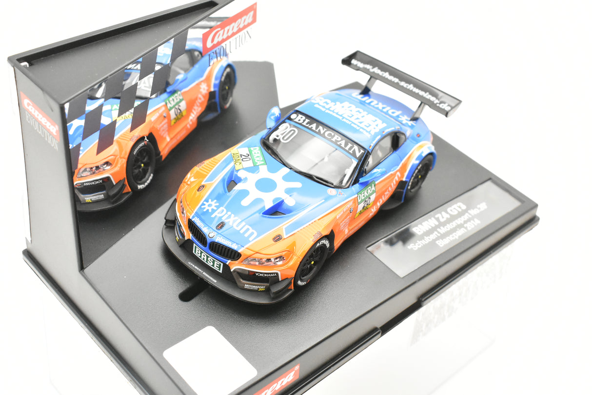 Slot car of a blue and orange BMW Z4 GT3 race car for Carrera 20027512