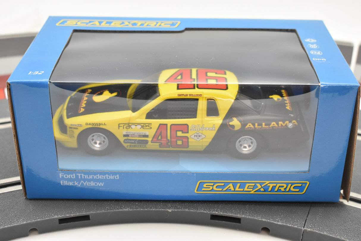 Slot car Ford Thunderbird race car in yellow and black, 1:32 scale model for Scalextric C4088