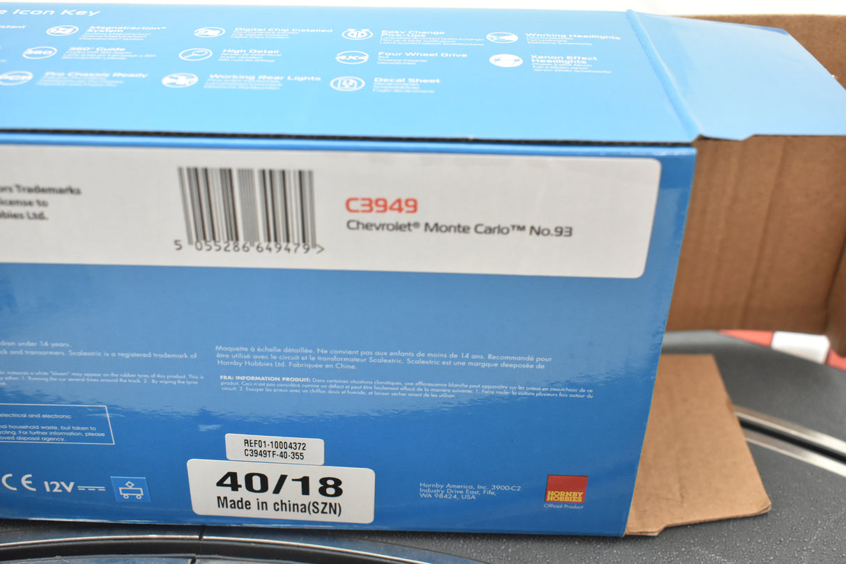 Box showing details for Chevrolet Monte Carlo No.93 model car for Scalextric C3949