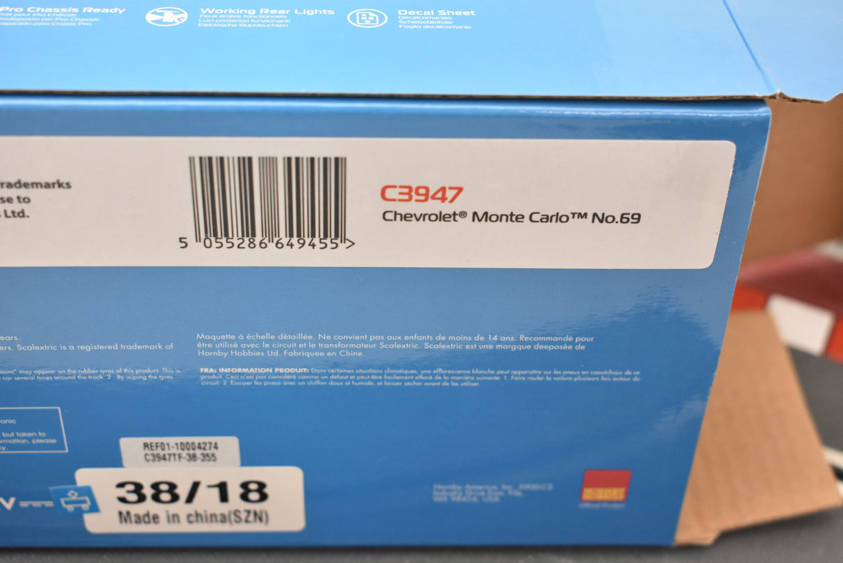 Box art for Chevrolet Monte Carlo 1986 model car, C3947 for Scalextric
