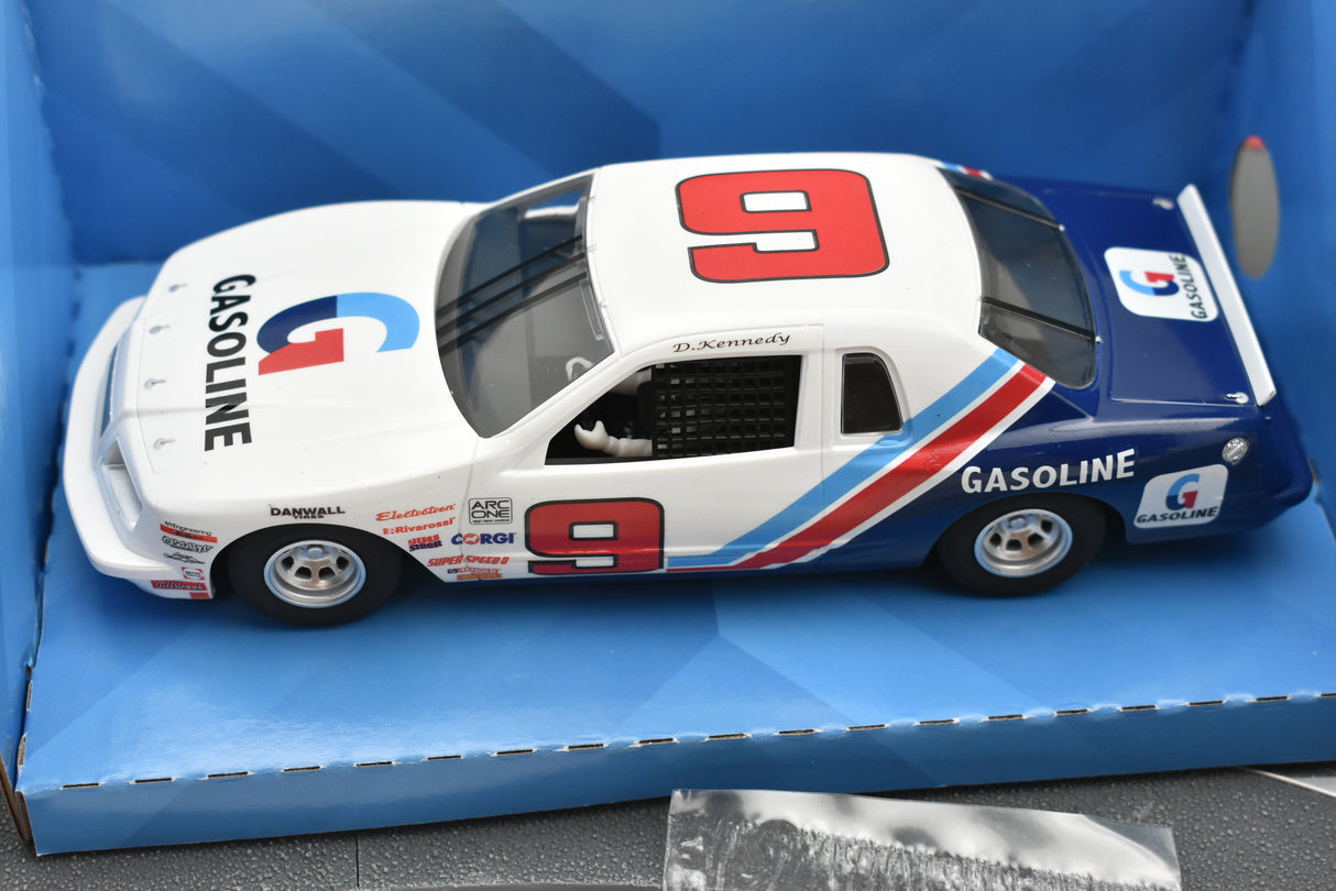 White and blue slot car, Ford Thunderbird, number 9 for Scalextric C4035