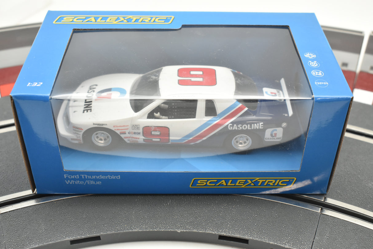 Ford Thunderbird slot car in white and blue, box view for Scalextric C4035