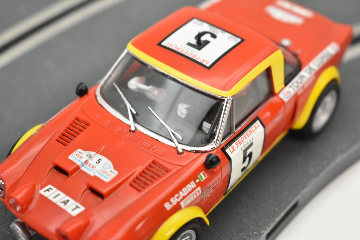 Red slot car of a Fiat 124 Abarth Spider racer for SCX A10220X3U0