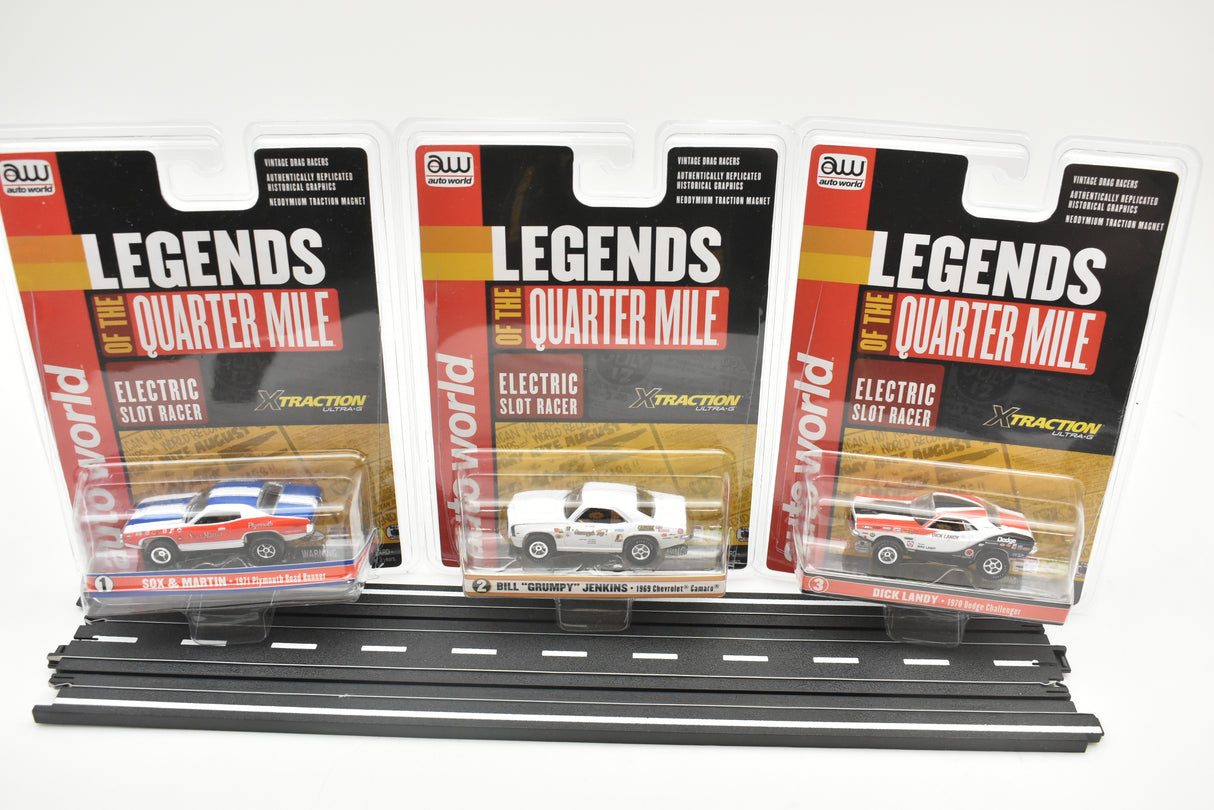 Three electric slot car sets: Ford Ranger, '60s Chevy, and '50s Challenger for ZZAutoworldexpired SC351