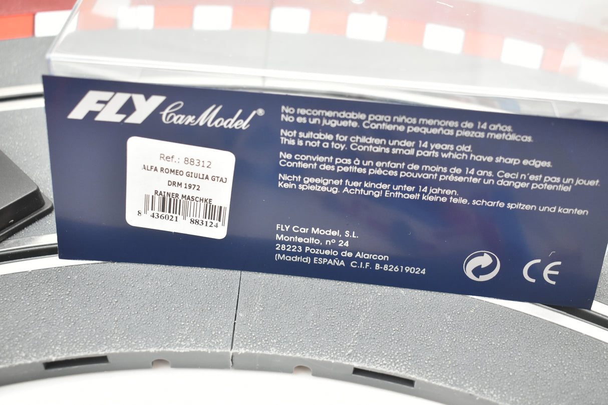 Model car packaging with safety warnings and product details for Fly Car Model 88312