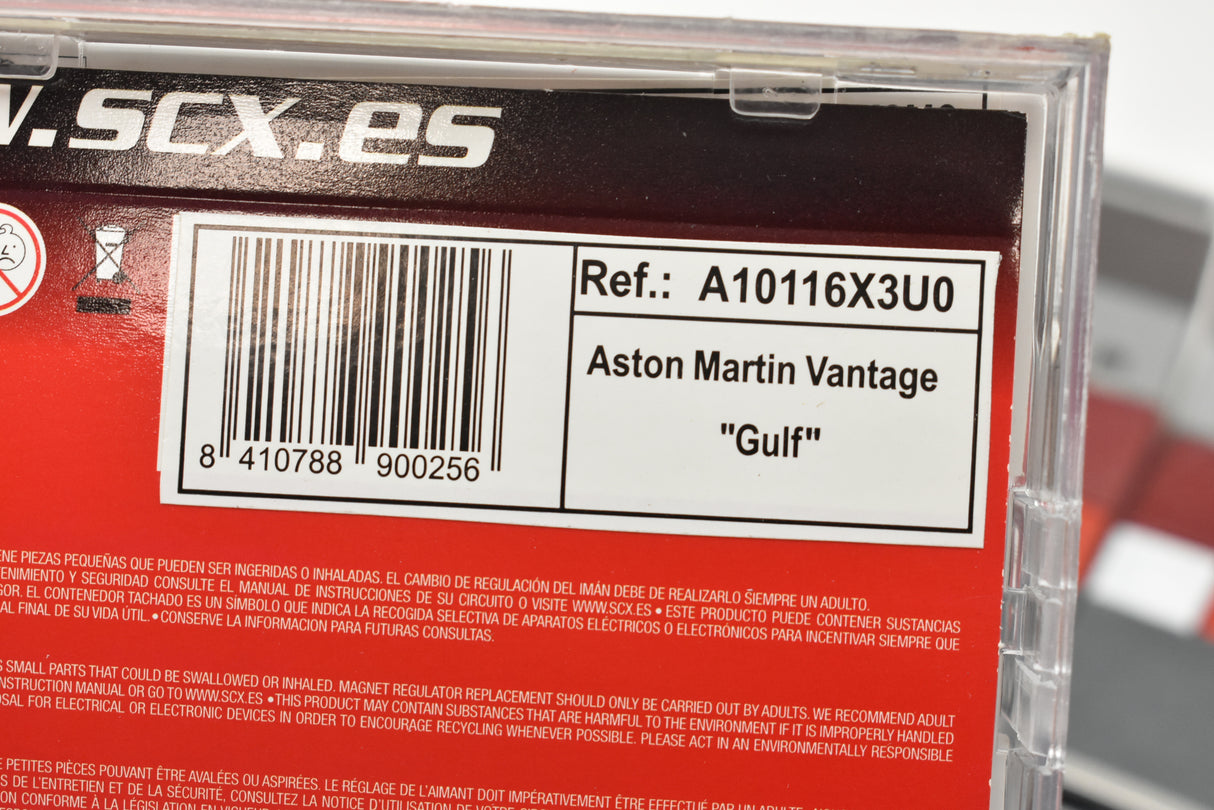 Part label for Aston Martin Vantage "Gulf" with part number A10116X3U0 for SCX
