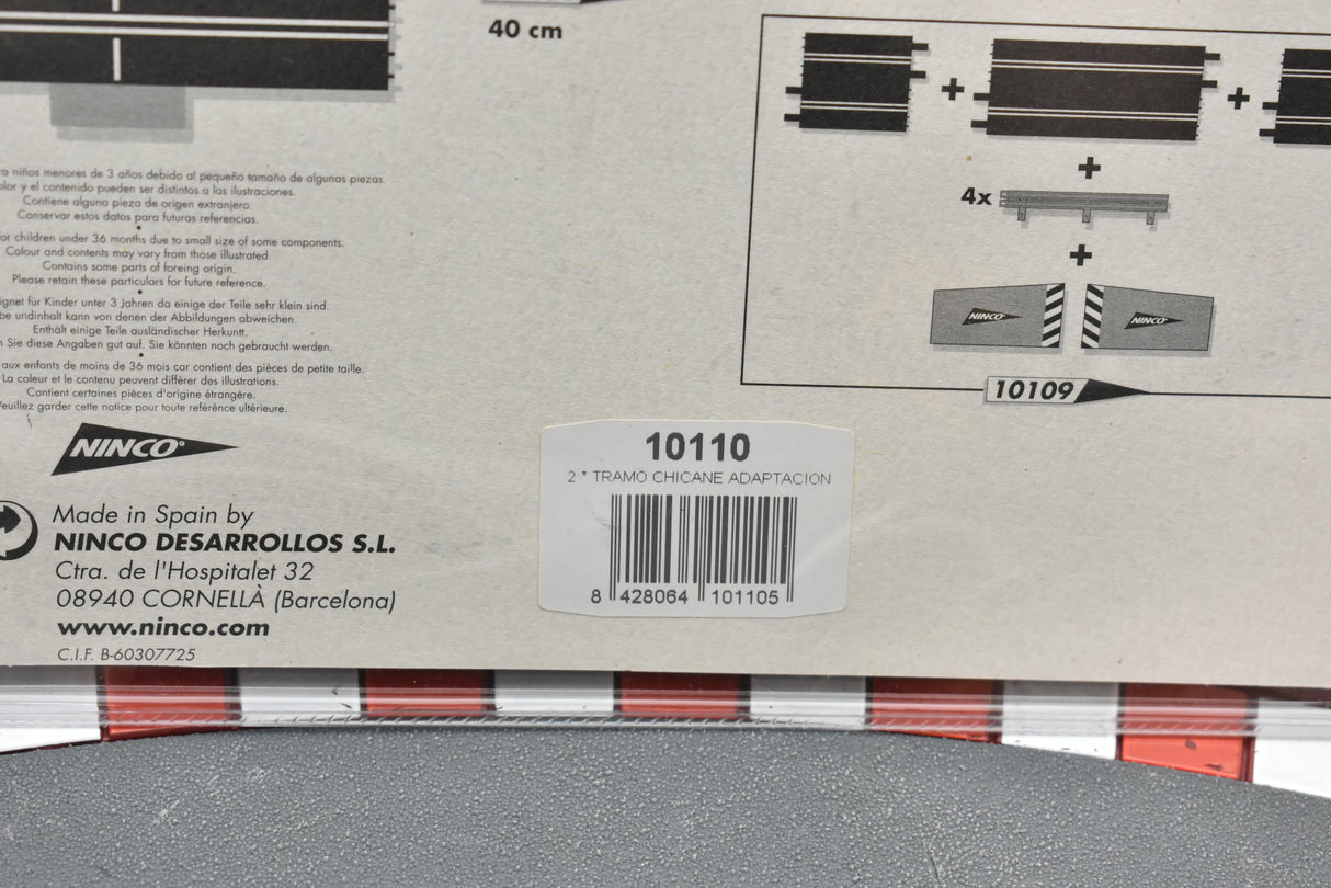Track adapter parts for model trains, showing dimensions and part numbers for Ninco 10110