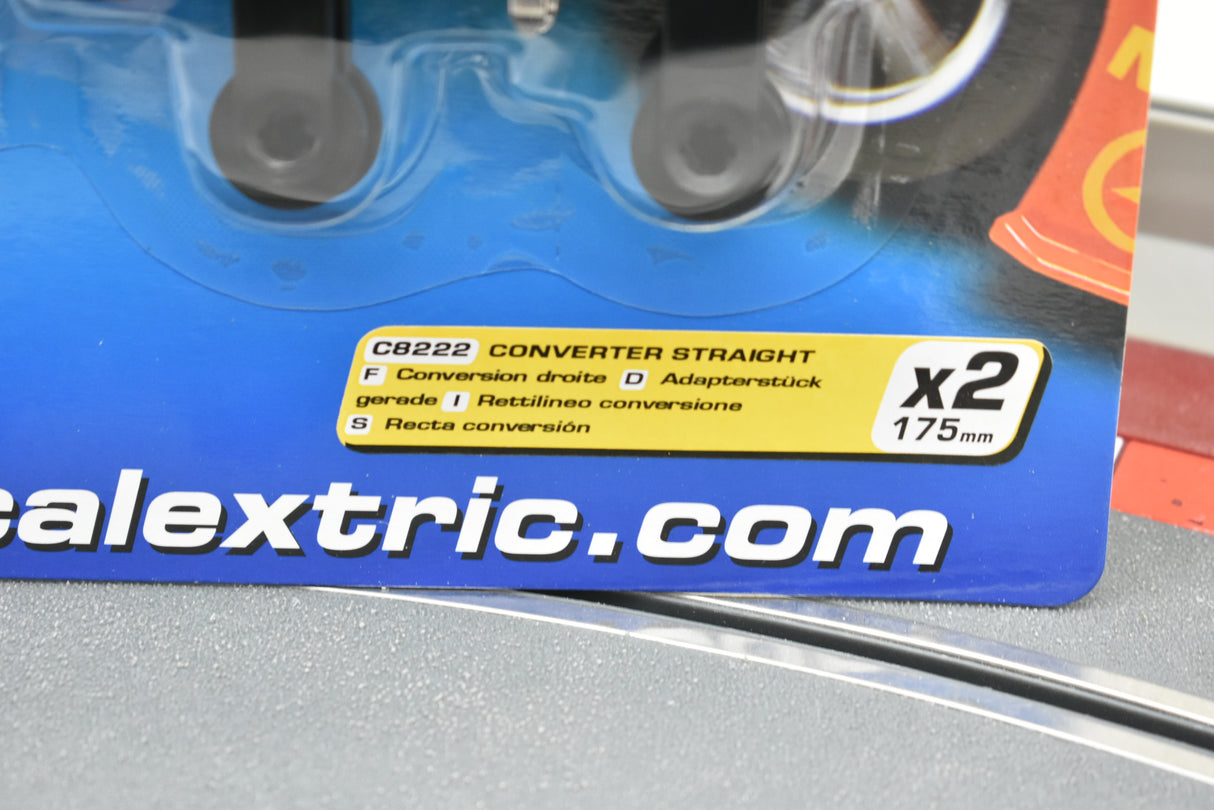 Straight converter piece, labeled C8222, for model train track for Scalextric