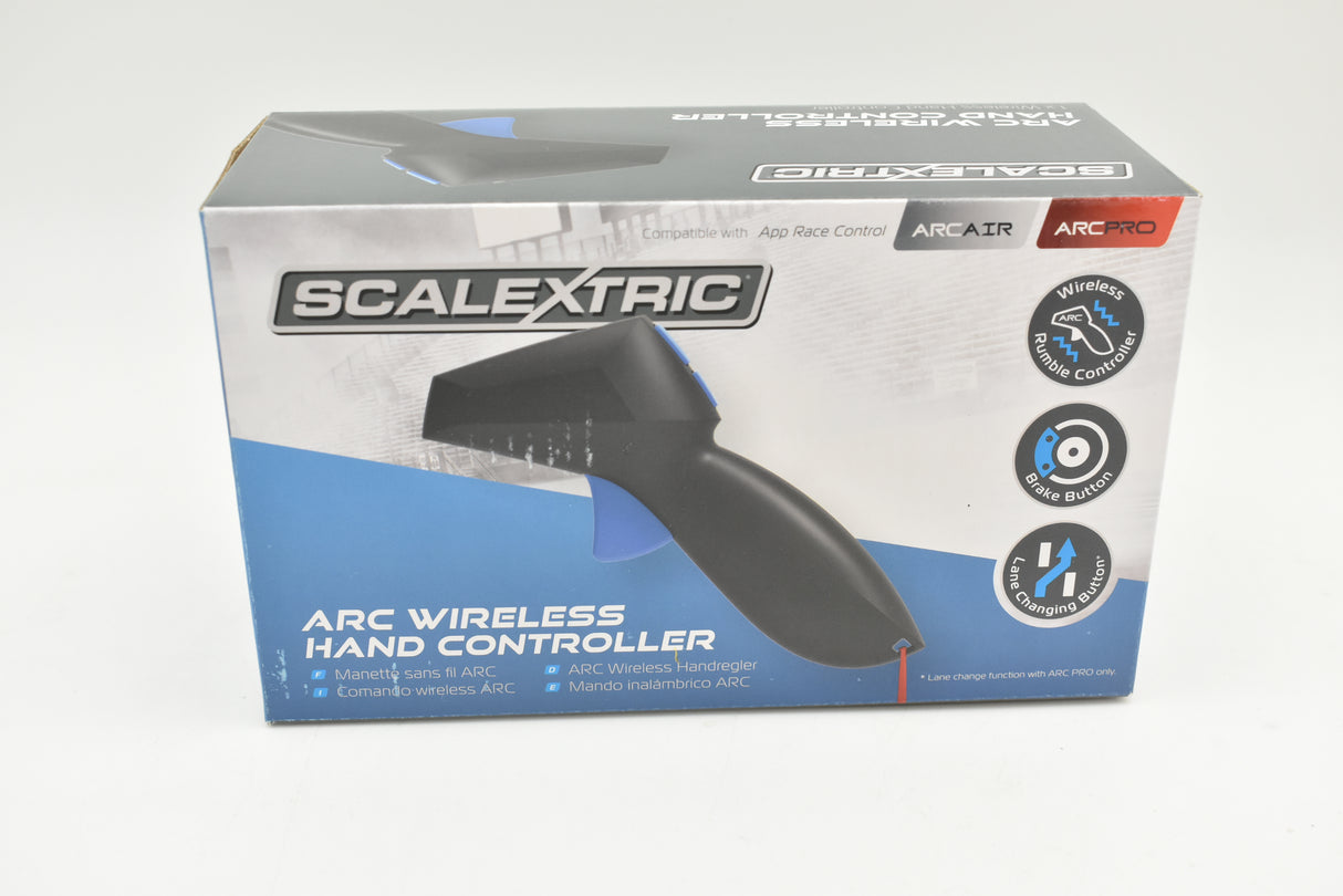 Wireless hand controller for model trains, showing various control buttons for Scalextric C8438