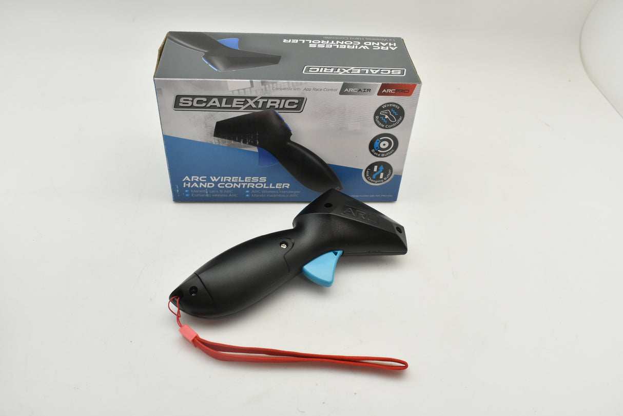 Wireless hand controller with red cord, displayed with its box for Scalextric C8438