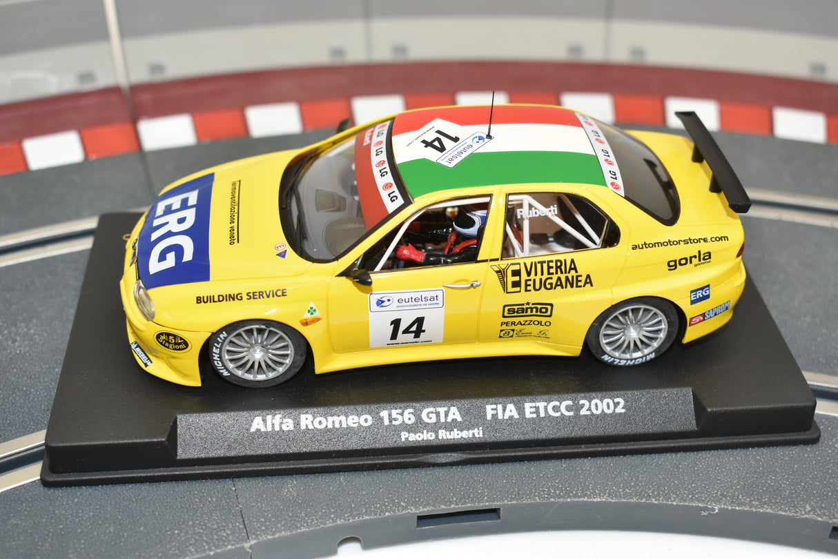 Yellow Alfa 156 GTA race car model on a display base for Fly 88114